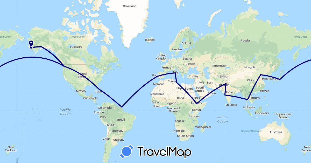 TravelMap itinerary: driving in China, Ethiopia, France, India, Italy, Japan, Libya, Oman, Pakistan, Portugal, Thailand, United States (Africa, Asia, Europe, North America)